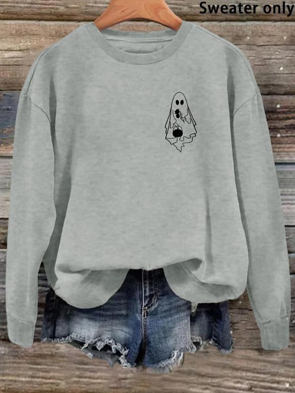 Women'WB shield Cartoon Ghost Print Drop Shoulder Sweatshirt, Casual Long Sleeve Round Neck Pullover for Daily Wear,...