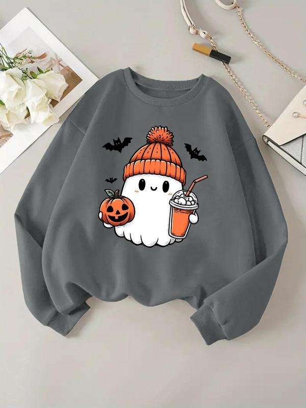Women'WB shield Cartoon Ghost Print Drop Shoulder Sweatshirt, Casual Long Sleeve Round Neck Pullover for Daily Wear,...