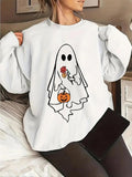 Women'WB shield Cartoon Ghost Print Drop Shoulder Sweatshirt, Casual Long Sleeve Round Neck Pullover for Fall & Winter,...