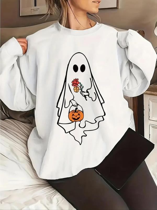 Women'WB shield Cartoon Ghost Print Drop Shoulder Sweatshirt, Casual Long Sleeve Round Neck Pullover for Fall & Winter,...
