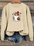 Women'WB shield Cartoon Ghost Print Drop Shoulder Sweatshirt, Cute Casual Long Sleeve Round Neck Pullover for Daily Wear,...