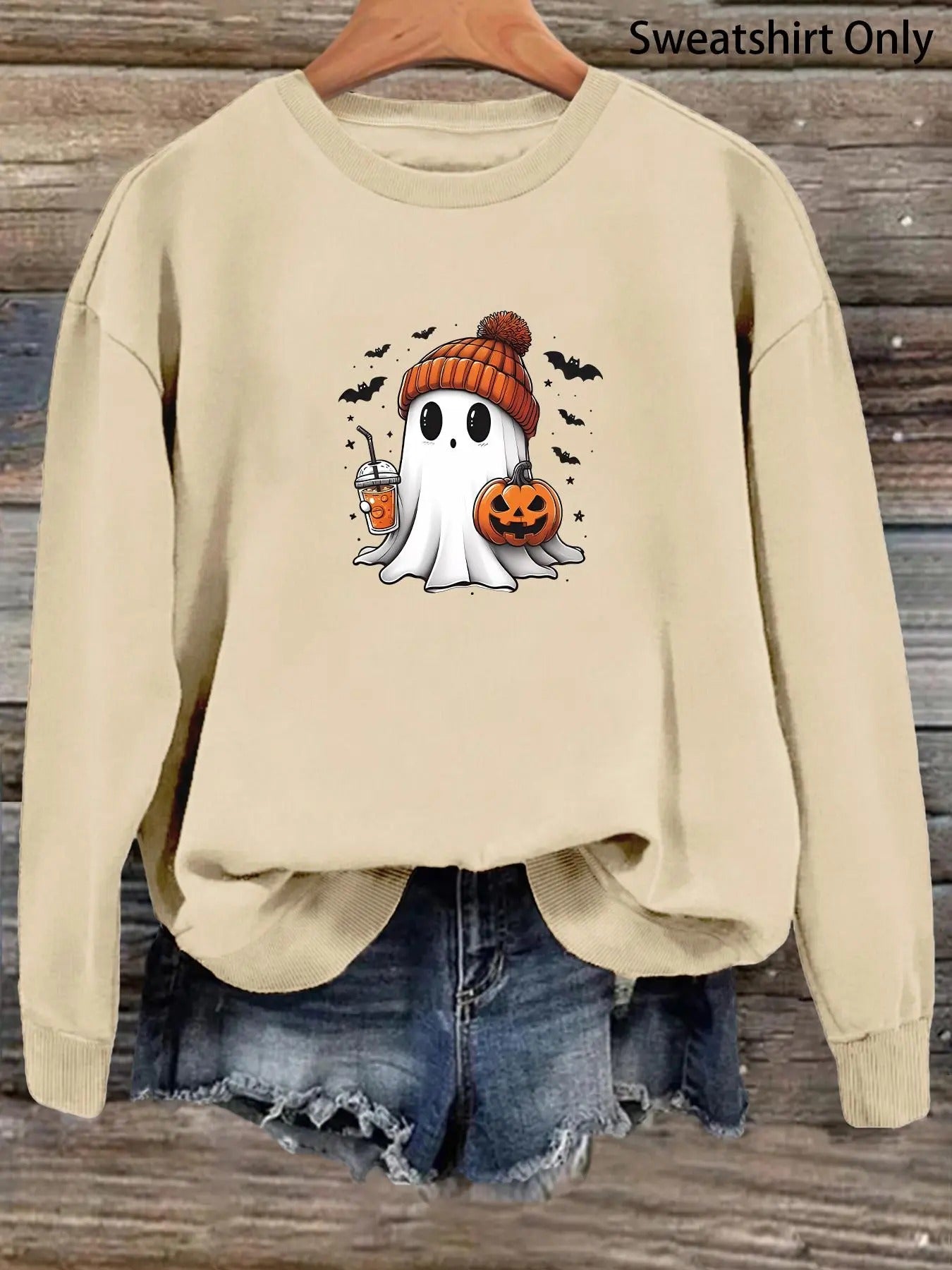 Women'WB shield Cartoon Ghost Print Drop Shoulder Sweatshirt, Cute Casual Long Sleeve Round Neck Pullover for Daily Wear,...