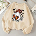 Women'WB shield Cartoon Ghost Print Drop Shoulder Sweatshirt, Halloween Casual Long Sleeve Round Neck Pullover for Daily...