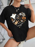 Women'WB shield Cartoon Ghost Print Drop Shoulder Tee, Fashion Casual Crew Neck Half Sleeve T-Shirt for Daily Holiday...