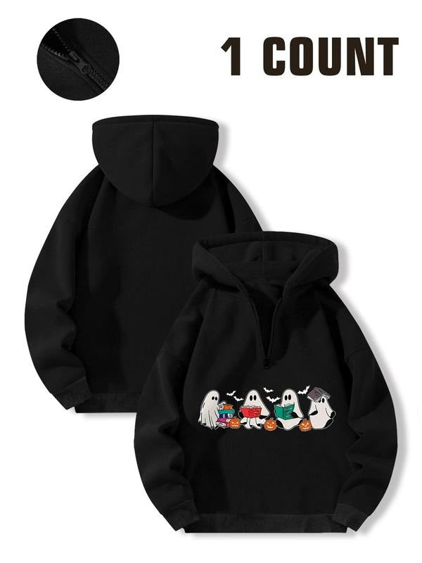 Women'WB shield Cartoon Ghost Print Half Zip Up Hoodie, Fashion Casual Long Sleeve Hooded Sweatshirt for Daily Holiday...