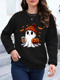 Women'WB shield Cartoon Ghost Print Round Neck Sweatshirt, Casual Long Sleeve Crew Neck Pullover for Fall & Winter,...