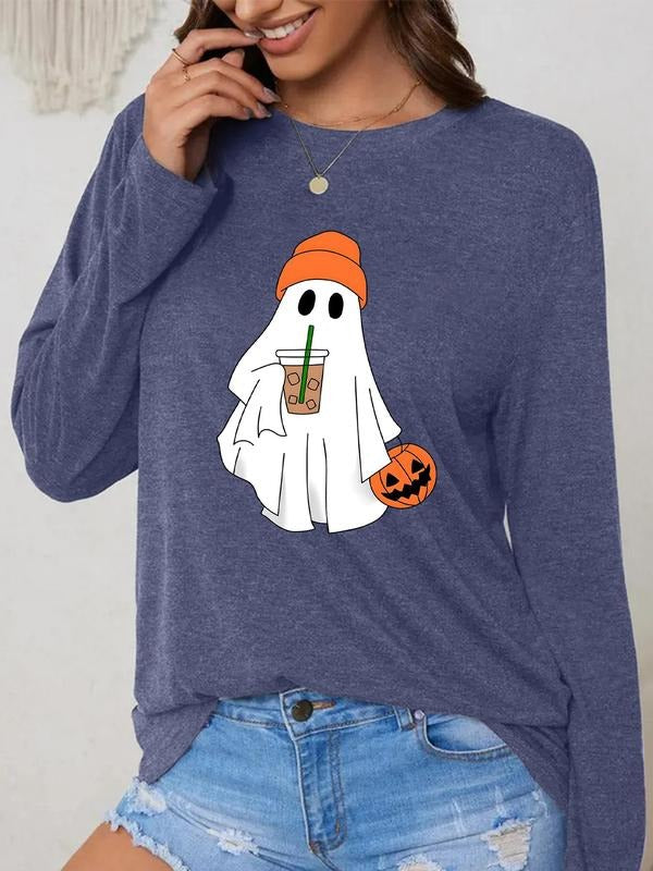 Women'WB shield Cartoon Ghost Print Round Neck T-shirt, Fashion Casual Long Sleeve Tee, Women'WB shield Top for Daily...