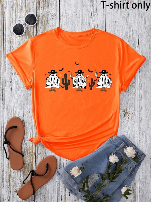 Women'WB shield Cartoon Ghost Print Round Neck Tee, Casual Short Sleeve Crew Neck T-Shirt for Summer, Fashion Women'WB...