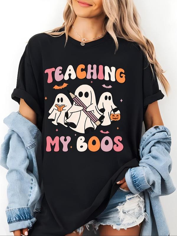 Women'WB shield Cartoon Ghost Print Round Neck Tee, Fashion Casual Crew Neck T-Shirt for Daily Holiday Vacation Outdoor...