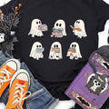 Women'WB shield Cartoon Ghost Print Round Neck Tee, Fashion Casual Halloween Short Sleeve T-shirt for Daily Wear, Ladies...