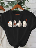 Women'WB shield Cartoon Ghost Print Round Neck Tee, Fashion Casual Short Sleeve T-shirt for Daily Wear, Ladies TNF for...