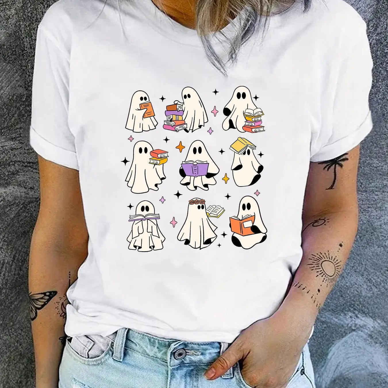 Women'WB shield Cartoon Ghost Print Round Neck Tee, Fashion Casual Short Sleeve T-shirt, Ladies Summer TNF for Daily Wear...