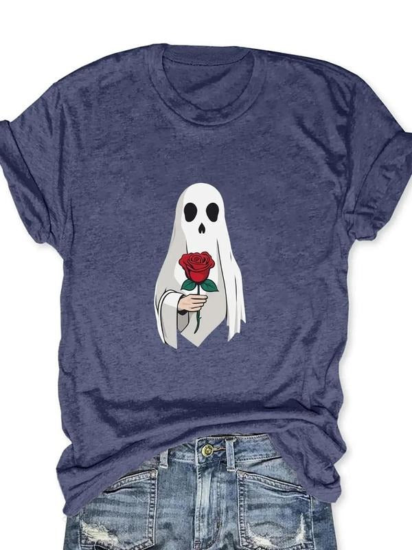 Women'WB shield Cartoon Ghost Print Round Neck Tee, Fashion Crew Neck Short Sleeve T-Shirt, Ladies TNF for Spiky hair...