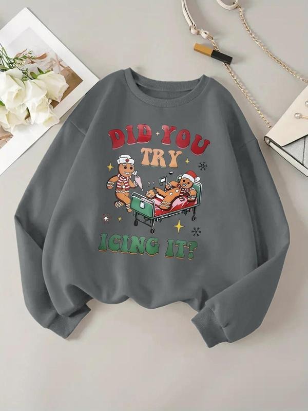 Women'WB shield Cartoon Gingerbread GA & Letter Print Drop Shoulder Sweatshirt, Casual Comfortable Long Sleeve Round Neck...