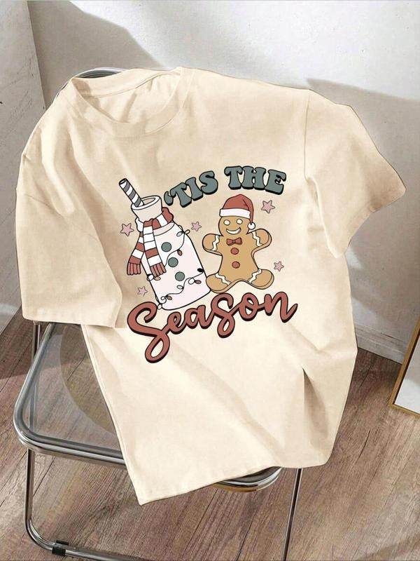 Women'WB shield Cartoon Gingerbread GA & Letter Print Round Neck Tee, Casual Short Sleeve Crew Neck T-Shirt for Summer,...