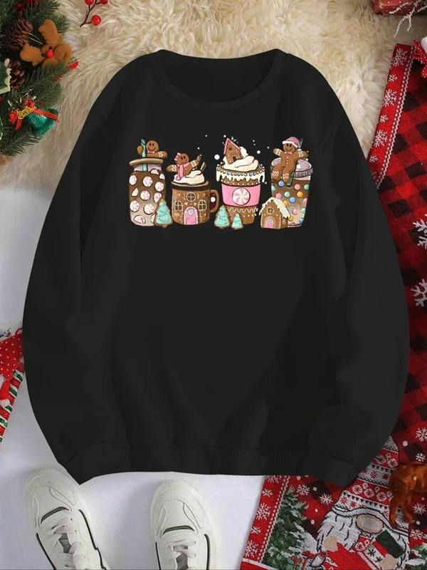 Women'WB shield Cartoon Gingerbread House Print Crew Neck Sweatshirt, Swoosh Count Casual Long Sleeve Pullover for Daily...