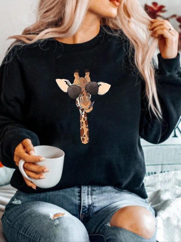 Women'WB shield Cartoon Giraffe Print Drop Shoulder Sweatshirt, Casual Long Sleeve Round Neck Pullover for Fall & Winter,...