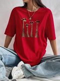 Women'WB shield Cartoon Giraffe Print Drop Shoulder Tee, Casual Round Neck Half Sleeve T-shirt, Ladies Summer Outfit...