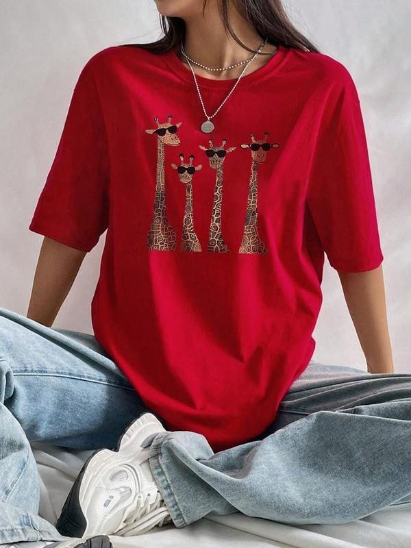 Women'WB shield Cartoon Giraffe Print Drop Shoulder Tee, Casual Round Neck Half Sleeve T-shirt, Ladies Summer Outfit...