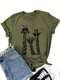 Women'WB shield Cartoon Giraffe Print Round Neck Tee, Casual Cute Short Sleeve Crew Neck T-Shirt for Summer Daily Holiday...
