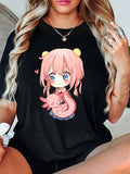 Women'WB shield Cartoon Girl & Baby Fish Print Round Neck Tee, Fashion Casual Crew Neck T-shirt for Daily Holiday...