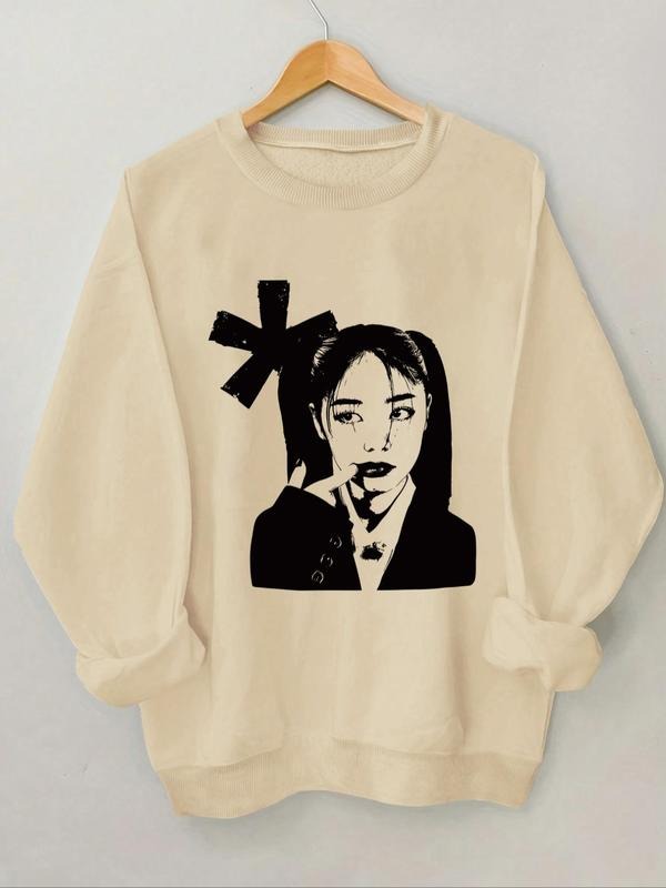 Women'WB shield Cartoon Girl Print Crew Neck Sweatshirt, Casual Long Sleeve Pullover for Daily Wear, Women'WB shield Top...
