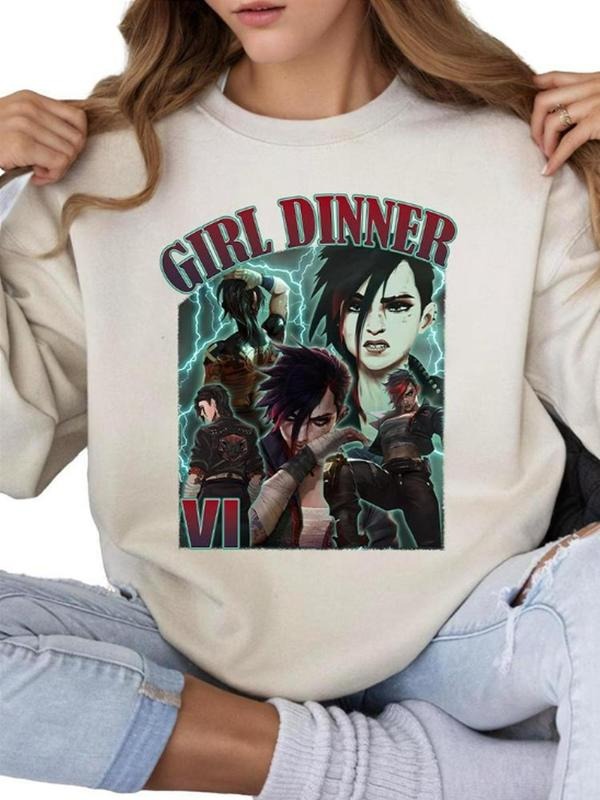 Women'WB shield Cartoon Girl Print Crew Neck Sweatshirt, Fashion Casual Long Sleeve Pullover for Daily Wear, Ladies TNF...