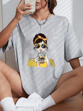 Women'WB shield Cartoon Girl Print Round Neck Tee, Fashion Casual Crew Neck Short Sleeve T-shirt for Daily Holiday Wear,...