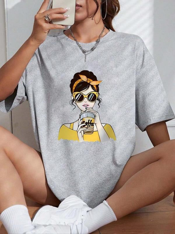 Women'WB shield Cartoon Girl Print Round Neck Tee, Fashion Casual Crew Neck Short Sleeve T-shirt for Daily Holiday Wear,...