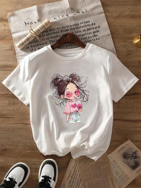 Women'WB shield Cartoon Girl Print Round Neck Tee, Fashion Casual Crew Neck T-Shirt for Daily Holiday Vacation Outdoor...