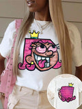 Women'WB shield Cartoon Girl Print Round Neck Tee, Fashion Casual Crew Neck T-shirt for Daily Holiday Vacation Outdoor...