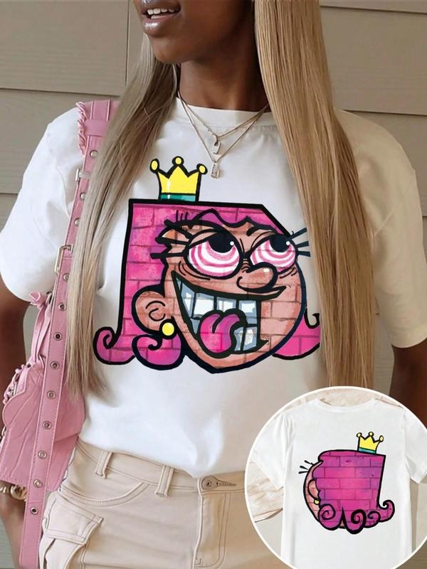 Women'WB shield Cartoon Girl Print Round Neck Tee, Fashion Casual Crew Neck T-shirt for Daily Holiday Vacation Outdoor...