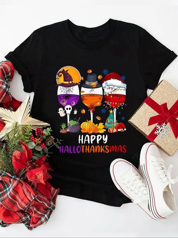 Women'WB shield Cartoon Goblet & Letter Print Round Neck Tee, Trendy Casual Short Sleeve T-shirt for Daily Wear, Ladies...