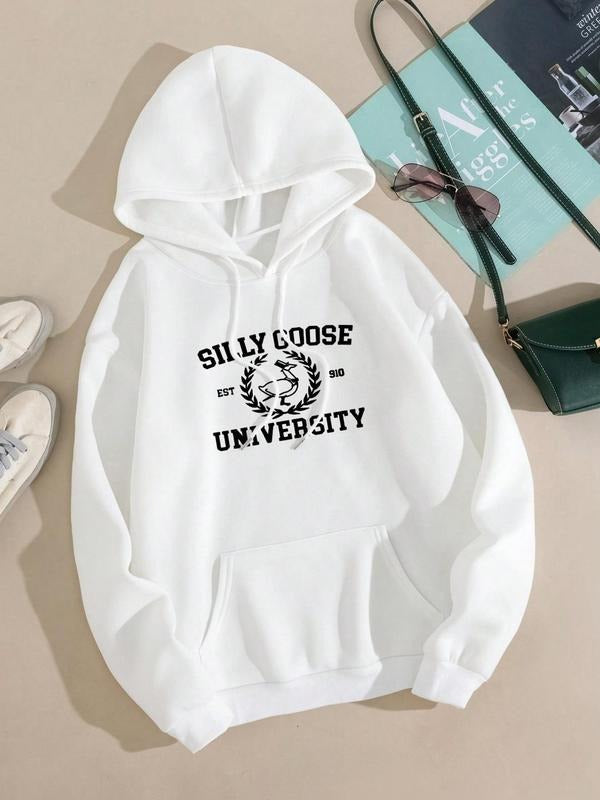 Women'WB shield Cartoon Goose & Letter Print Drop Shoulder Hoodie, Fashion Casual Drawstring Pocket Hooded Sweatshirt for...