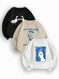 Women'WB shield Cartoon Goose & Letter Print Drop Shoulder Sweatshirt, Cute Casual Long Sleeve Round Neck Pullover for...