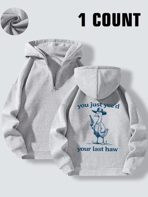 Women'WB shield Cartoon Goose & Letter Print Half Zip Up Hoodie, Casual Long Sleeve Hooded Sweatshirt for Fall & Winter,...