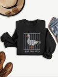 Women'WB shield Cartoon Goose & Letter Print Round Neck Sweatshirt, Fashion Casual Crew Neck Long Sleeve Pullover for...