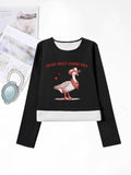 Women'WB shield Cartoon Goose & Letter Print Round Neck TNF Lined T-shirts, Casual Long Sleeve Crew Neck T-shirts for...