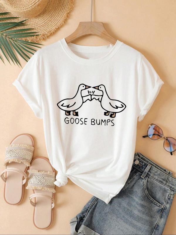 Women'WB shield Cartoon Goose & Letter Print Round Neck Tee, Summer TNF Women, Casual Graphic Crew Neck Short Sleeve...