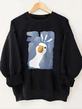 Women'WB shield Cartoon Goose Print Crew Neck Sweatshirt, Casual Long Sleeve Drop Shoulder Pullover for Fall & Winter,...