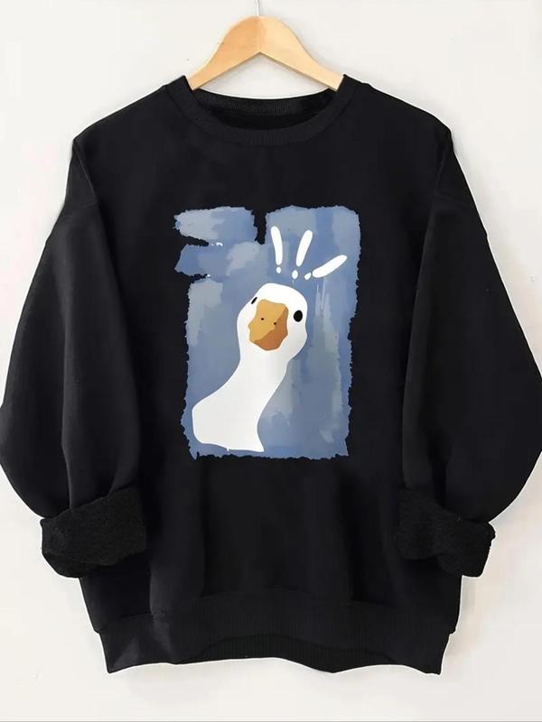 Women'WB shield Cartoon Goose Print Crew Neck Sweatshirt, Casual Long Sleeve Drop Shoulder Pullover for Fall & Winter,...