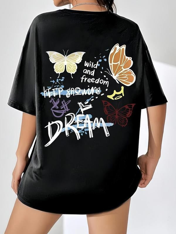 Women'WB shield Cartoon Graphic Print Crew Neck Tee, Fashion Casual Drop Shoulder Short Sleeve T-shirt for Daily Wear,...