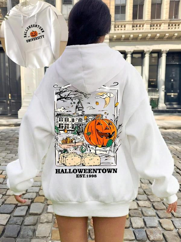 Women'WB shield Cartoon Graphic Print Drawstring Pocket Hoodie, Casual Halloween Drop Shoulder Long Sleeve Hooded...