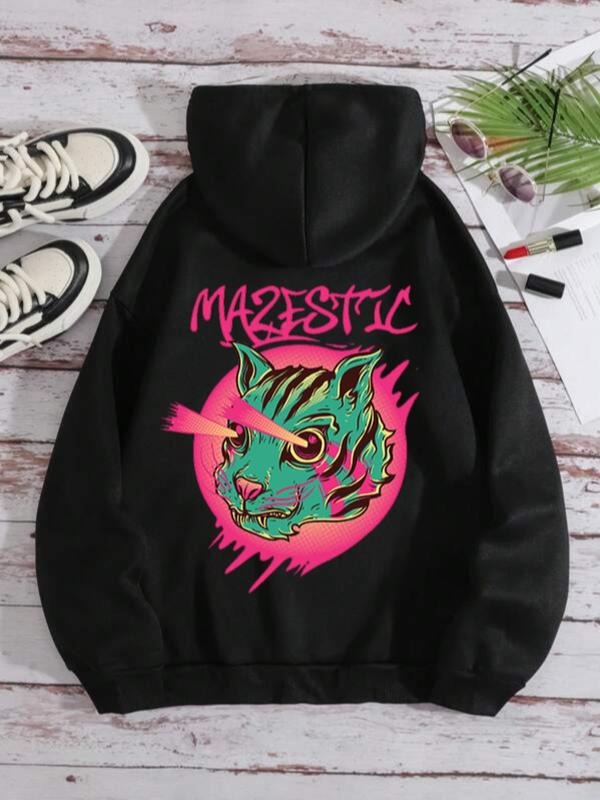 Women'WB shield Cartoon Graphic Print Pocket Drawstring Hoodie, Fashion Casual Drop Shoulder Long Sleeve Hooded...