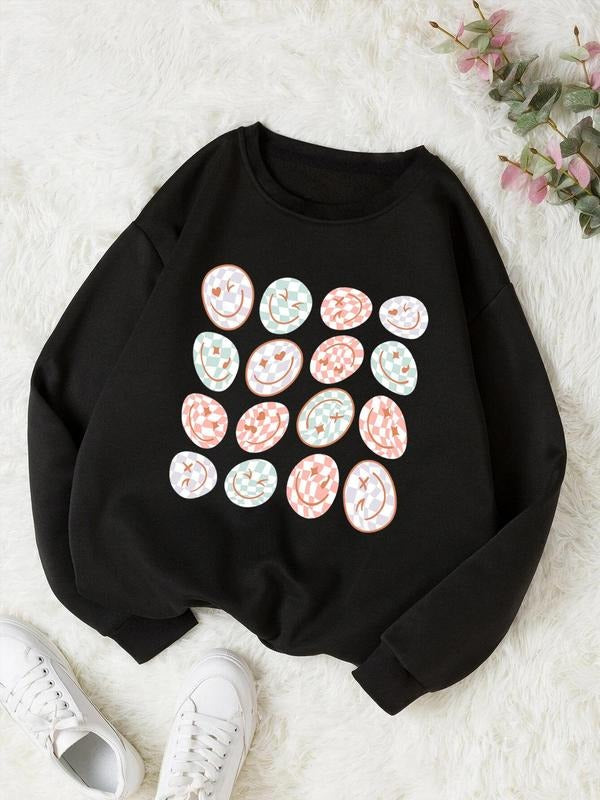 Women'WB shield Cartoon Graphic Print Round Neck Sweatshirt, Casual Drop Shoulder Long Sleeve Pullover for Daily Wear,...