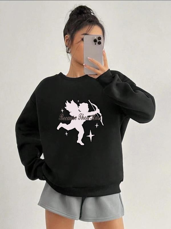 Women'WB shield Cartoon Graphic Print Round Neck Sweatshirt, Casual Fashion Drop Shoulder Long Sleeve Pullover for Daily...