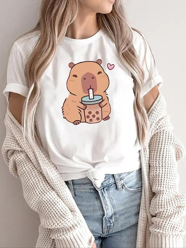 Women'WB shield Cartoon Guinea Pig Print Round Neck Tee, Fashion Casual Crew Neck T-Shirt for Daily Holiday Vacation...
