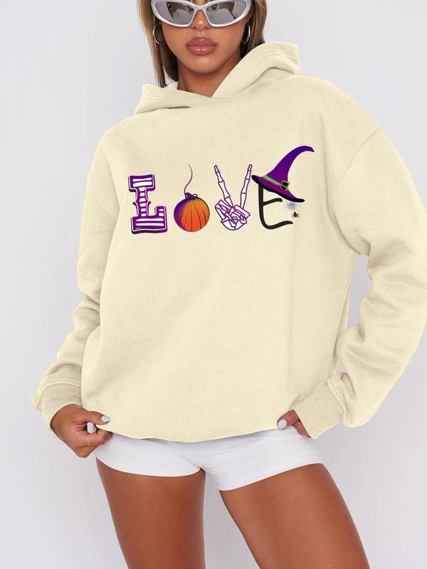 Women'WB shield Cartoon Halloween & Letter Print Drop Shoulder Hoodie, Fashion Casual Long Sleeve Hooded Sweatshirt for...