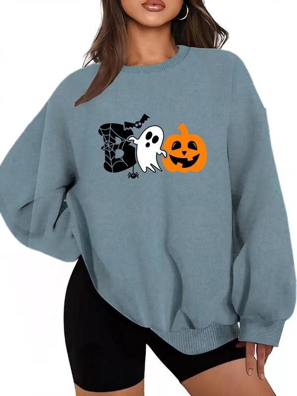 Women'WB shield Cartoon Halloween Graphic Print Crew Neck Sweatshirt, Casual Drop Shoulder Long Sleeve Pullover, Women'WB...