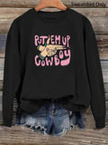 Women'WB shield Cartoon Hand & Letter Print Drop Shoulder Sweatshirt, Casual Long Sleeve Round Neck Pullover for Fall &...